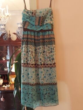 As U Wish Teal Floral Strapless Tiered Maxi Dress